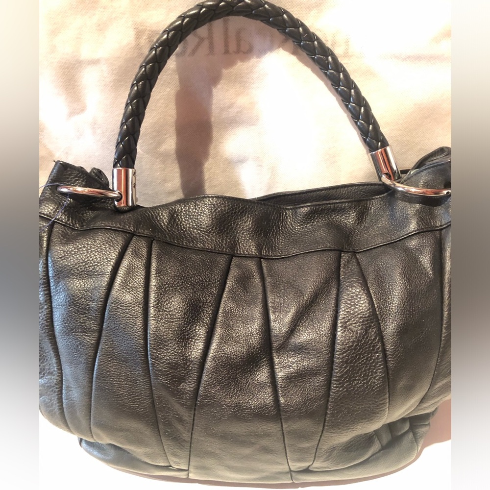 Beautiful Furla black Italian pebbled leather hobo bag with braided handle